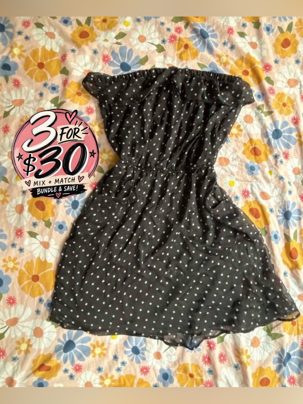 3 FOR $30! ✨ Dots black and white polka dot strapless mini dress with pockets